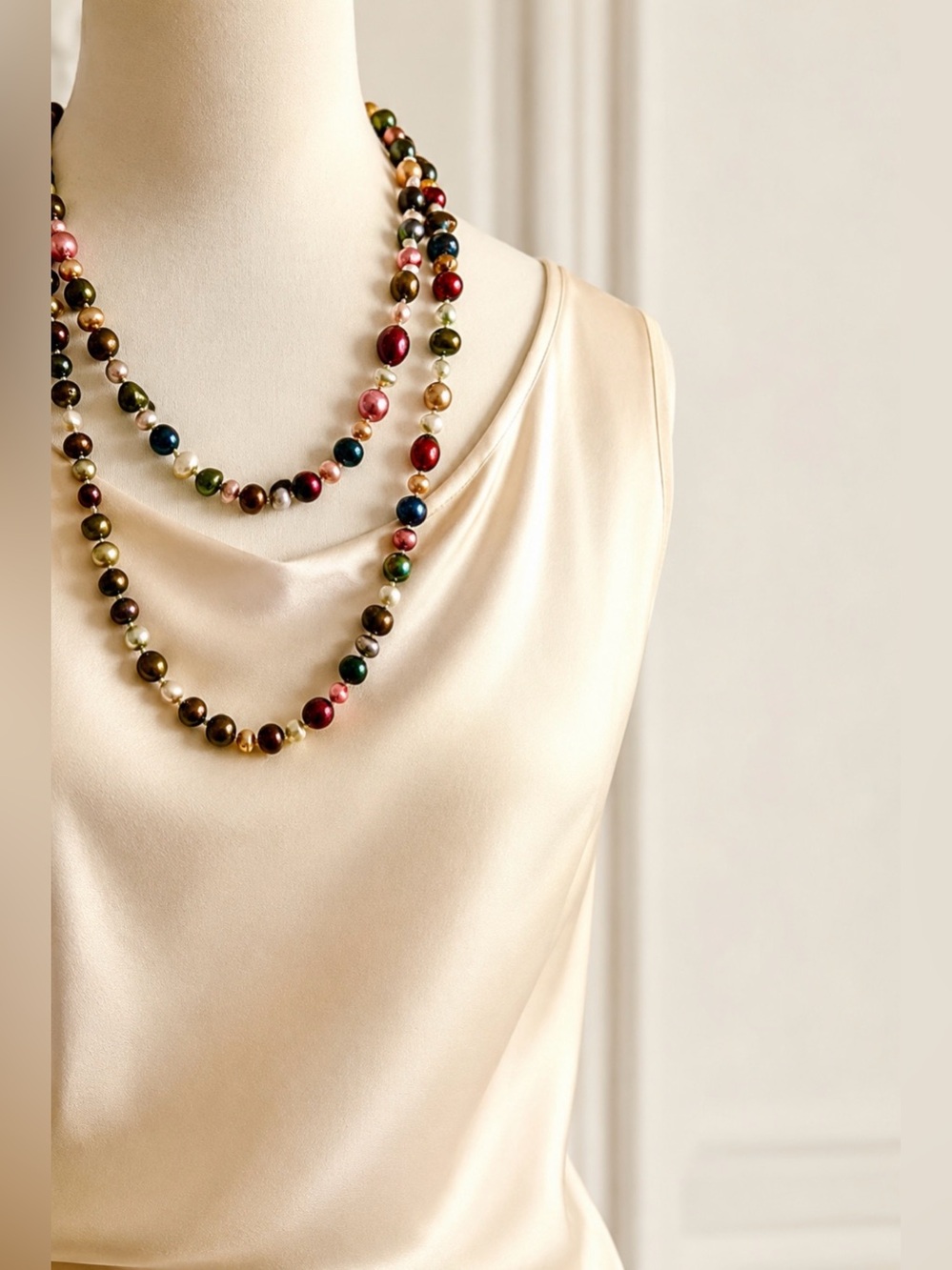 🎁🇨🇦 Hand Knotted Locally  Multicolor Pearl Style Necklace Duo• Layered Statement